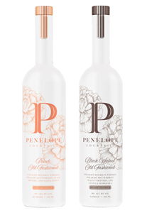 Two bottles of Penelope bourbon, one light and one dark, with elegant designs.