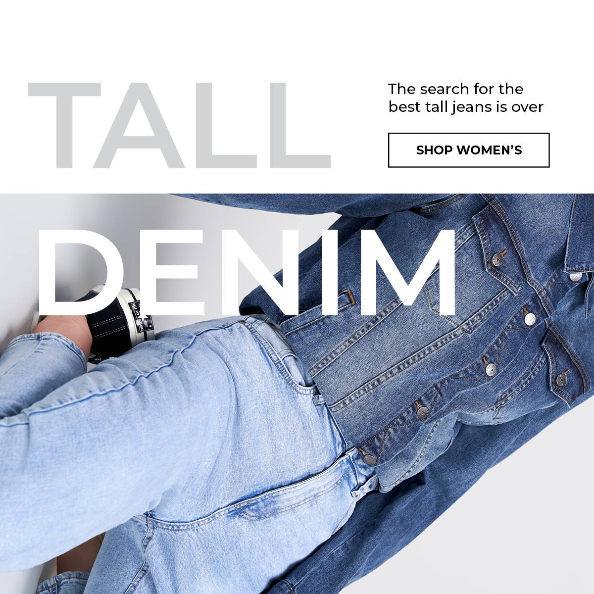 a denim jacket and jeans sitting on her knees. Shop Tall Denim for Women from American Tall.