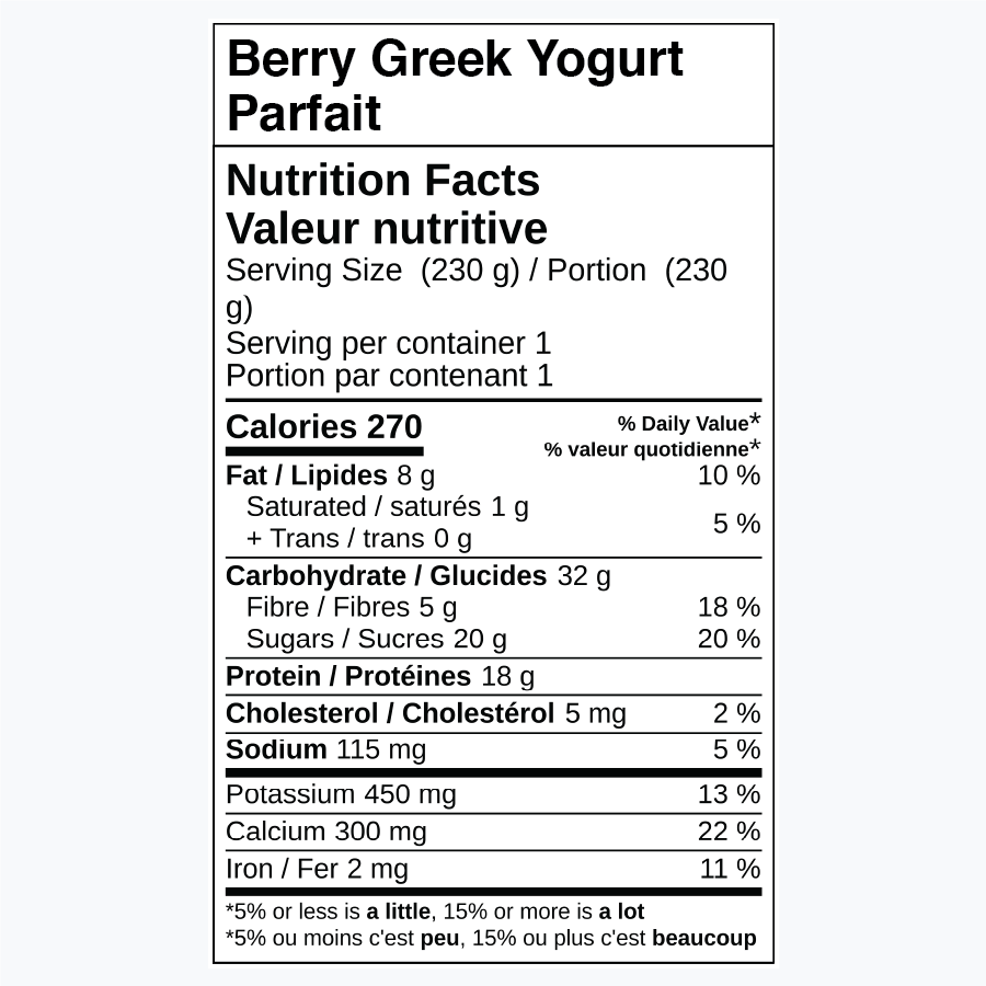Nutrition label for Berry Greek Yogurt Parfait, detailing serving size and nutrients.