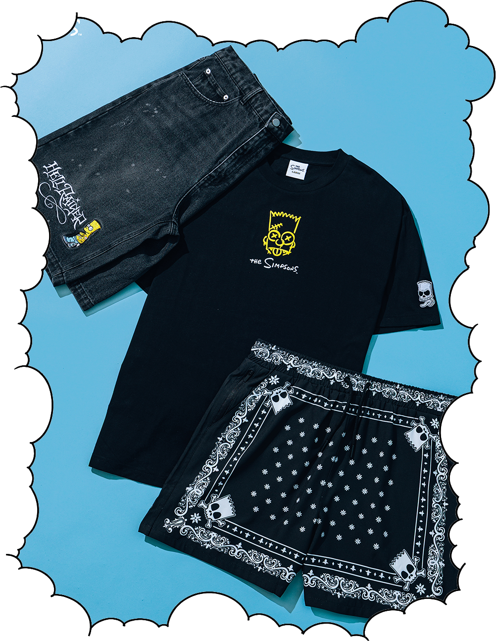 Black t-shirt, black jeans, and patterned shorts on a blue background.