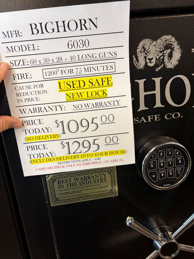BIGHORN gun safe exterior with sale price tag on door - SES spring cleaning sale
