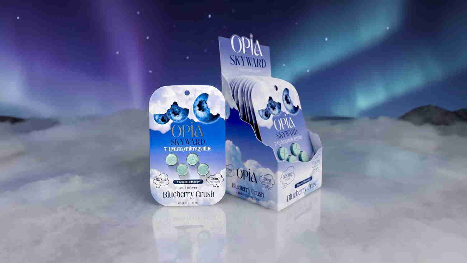 Two containers of product against a colorful northern lights backdrop.