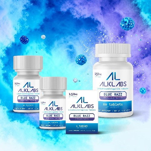 Four health supplement products on a blue and purple background.