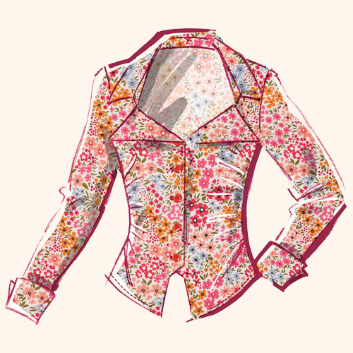 Floral-patterned women's jacket design with a fitted silhouette and open collar.