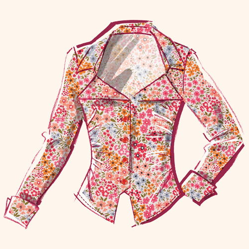 Floral-patterned women's jacket design with a fitted silhouette and open collar.