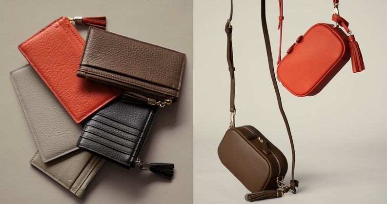 A collection of stylish wallets and bags in various colors.