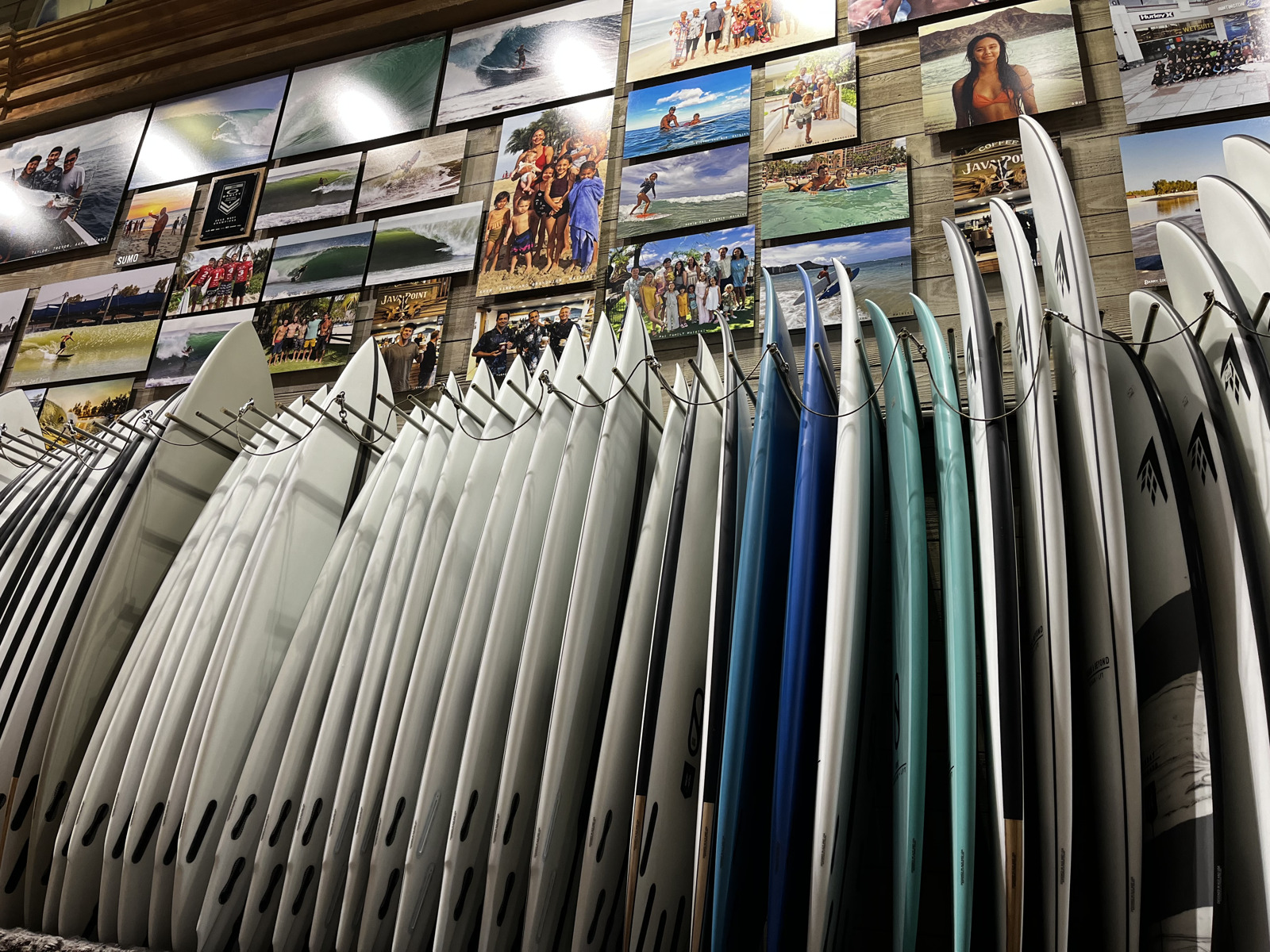 The surfboard rack at Huntington Surf & Sport