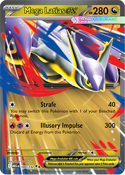 Mega Latias EX Pokémon card with abilities Strafe and Illusory Impulse.
