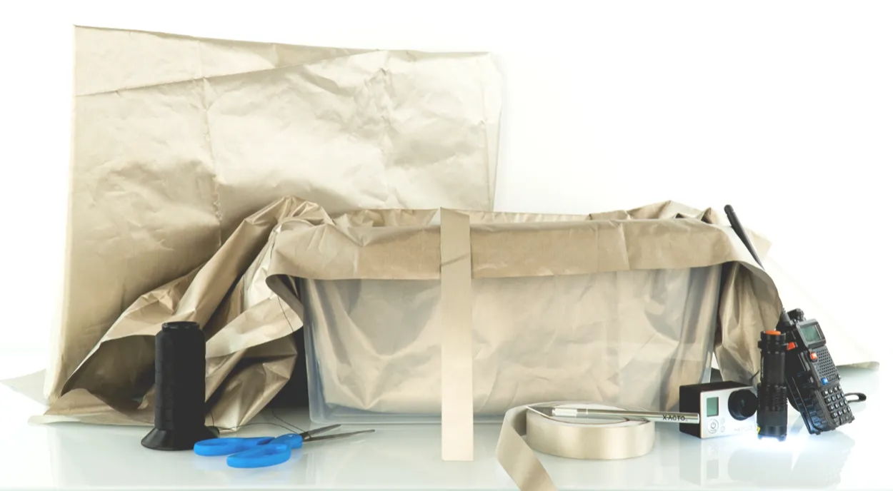 A plastic storage bin lined with TitanRF Faraday Fabric, with tape, scissors, a radio, and a camera laid out beside it.