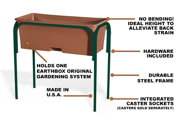 Features and benefits of the EarthBox Garden Stand include it being the ideal height to alleviate back strain, a durable steel frame with hardware included, integrated caster wheel sockets, and being made in the United States