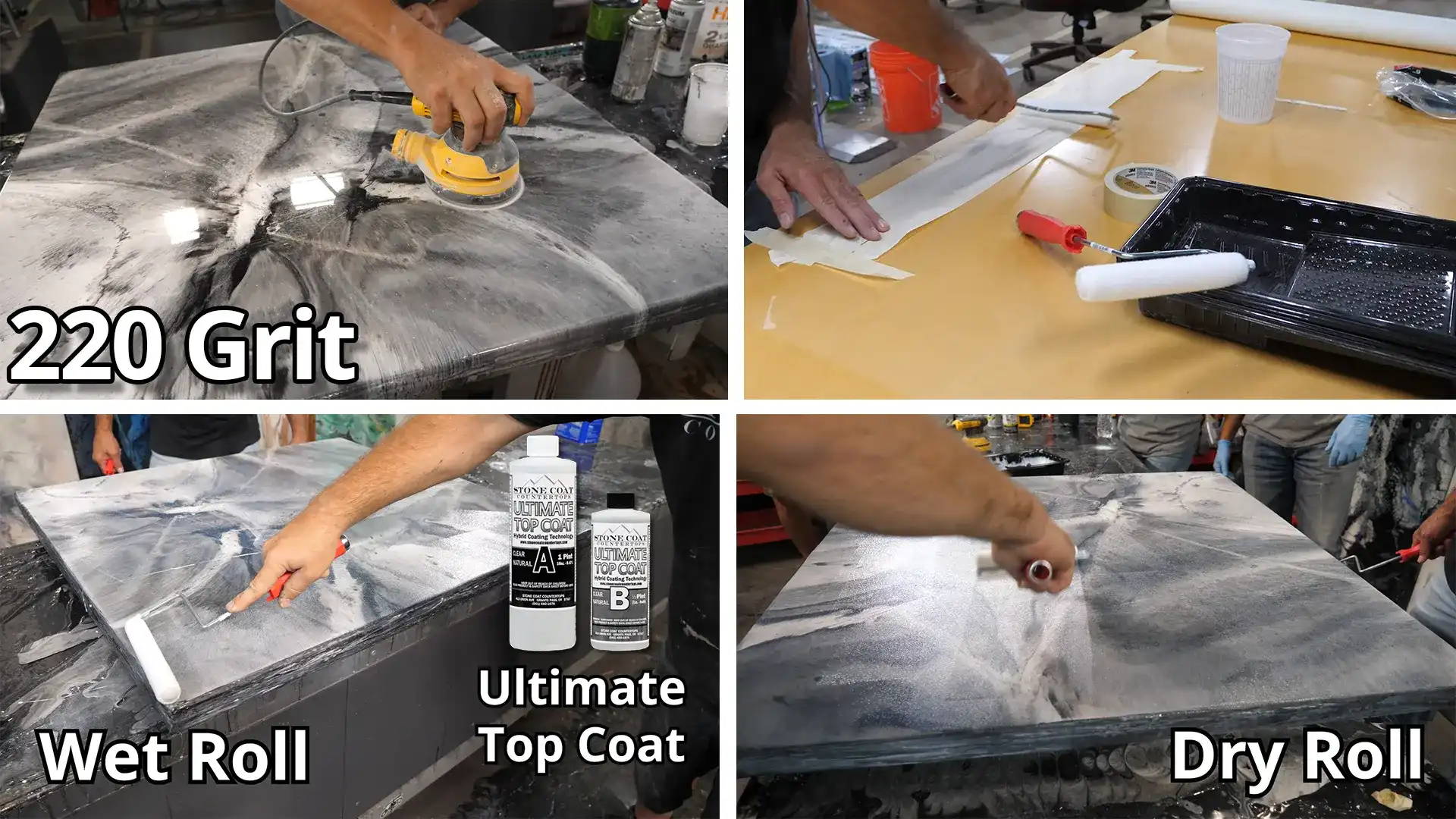 Step #9: Sand, apply Ultimate Top Coat. Remove drips, lightly sand, mix Ultimate Top Coat, apply with wet roller, even out with dry roller. 