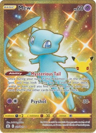 Mew Pokémon card featuring abilities and attack details.