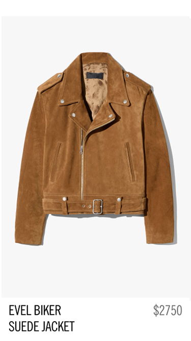 Brown suede biker jacket with belt. Price: $2750.