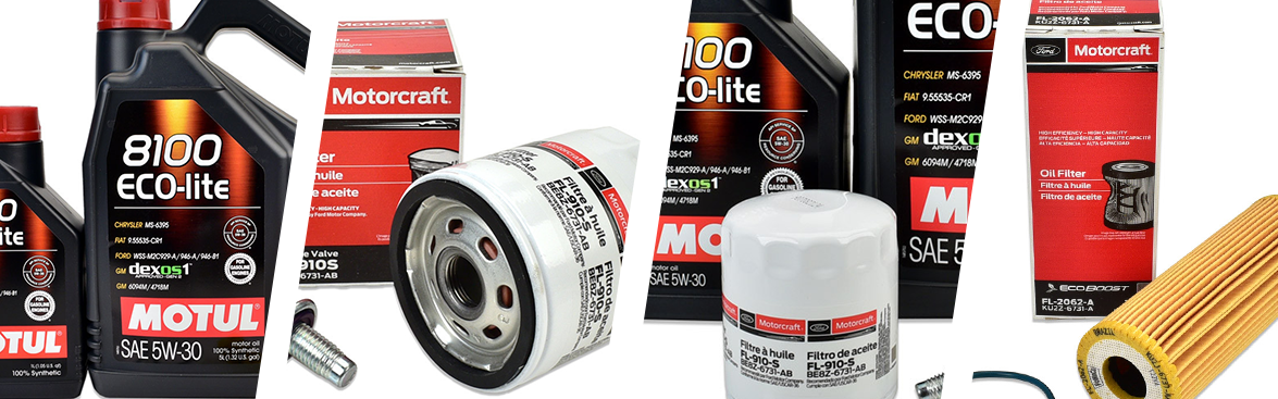 Photo collage of Motul motor oil and Motorcraft oil filters