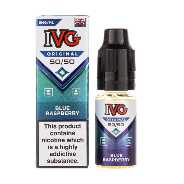 Bottle of IVG Blue Raspberry e-liquid with warning label.