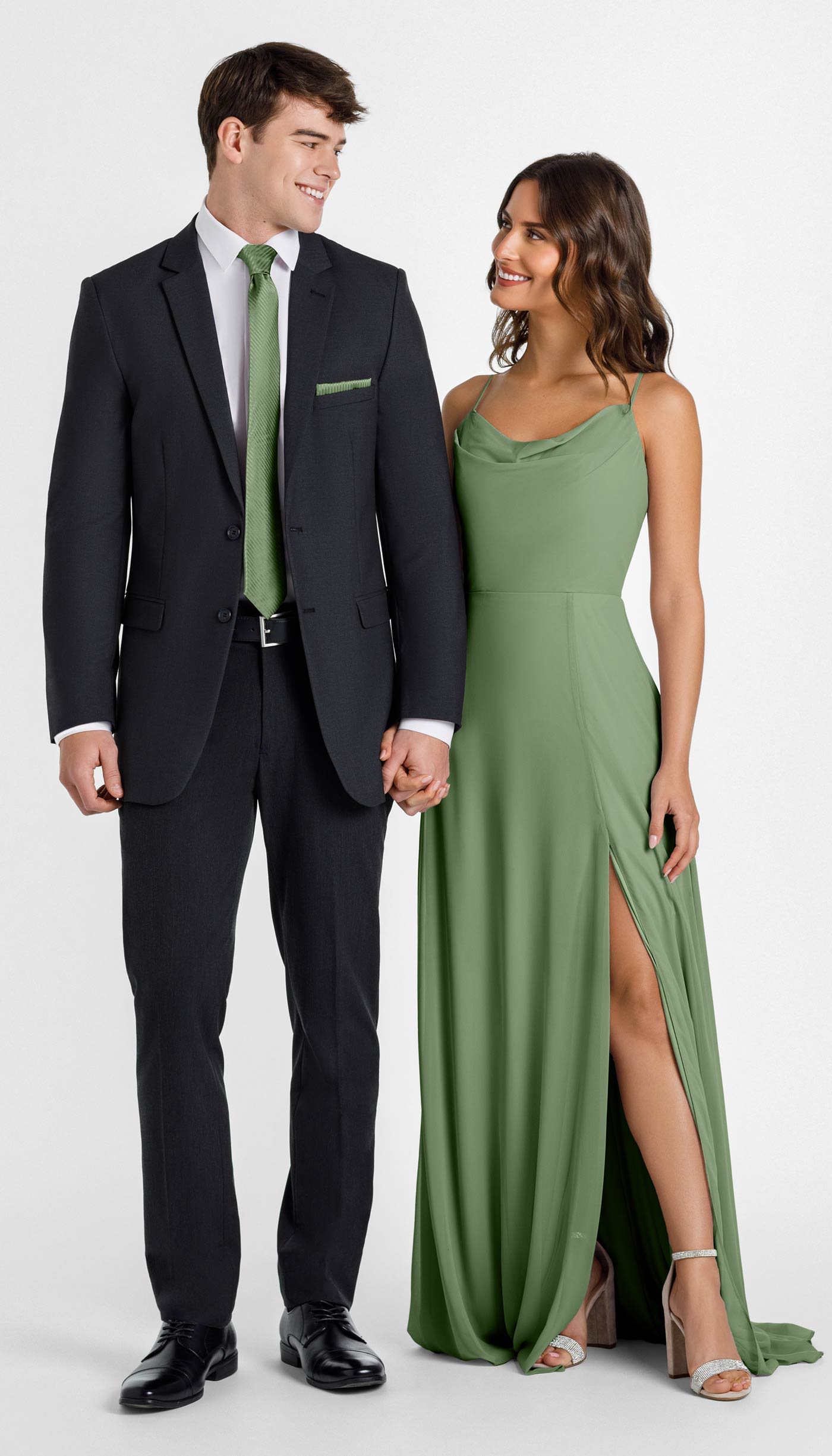 Charcoal Suit with Sage Bridesmaid Dress