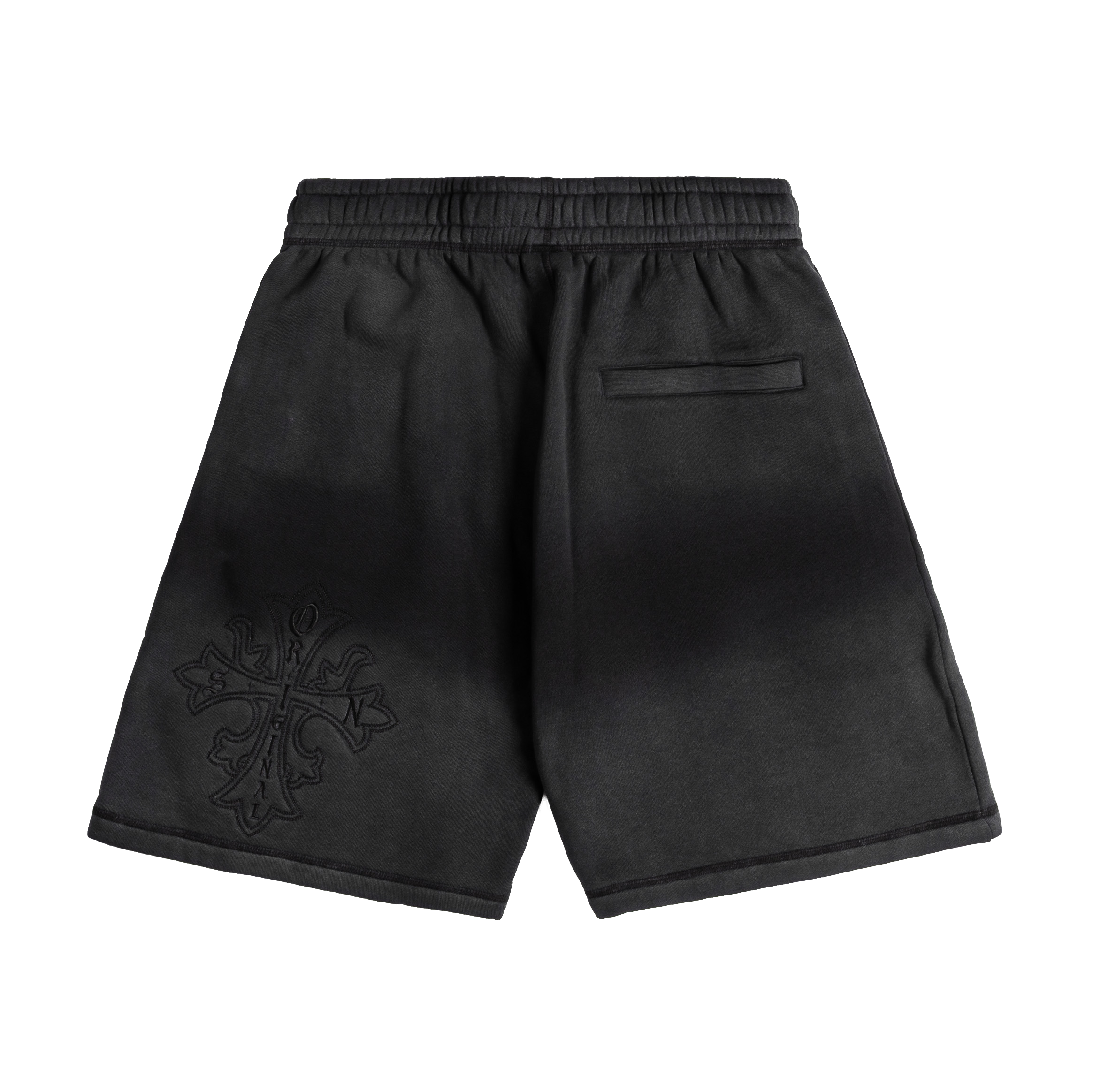 Black shorts with an embroidered design and side pockets.