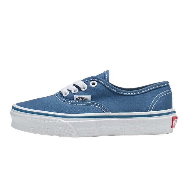 Blue canvas sneakers with white laces and rubber sole.