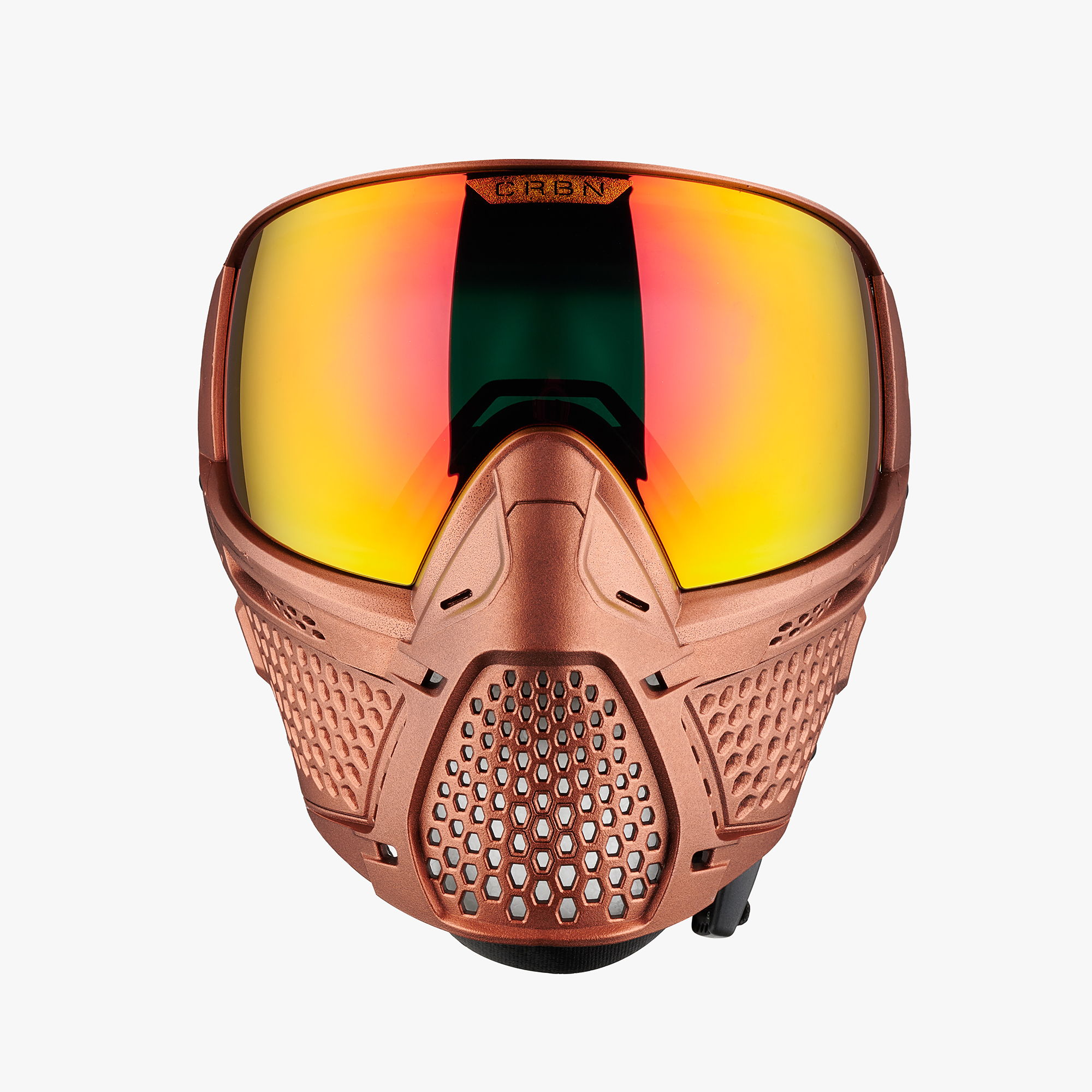 Paintball mask with reflective orange and yellow lenses.