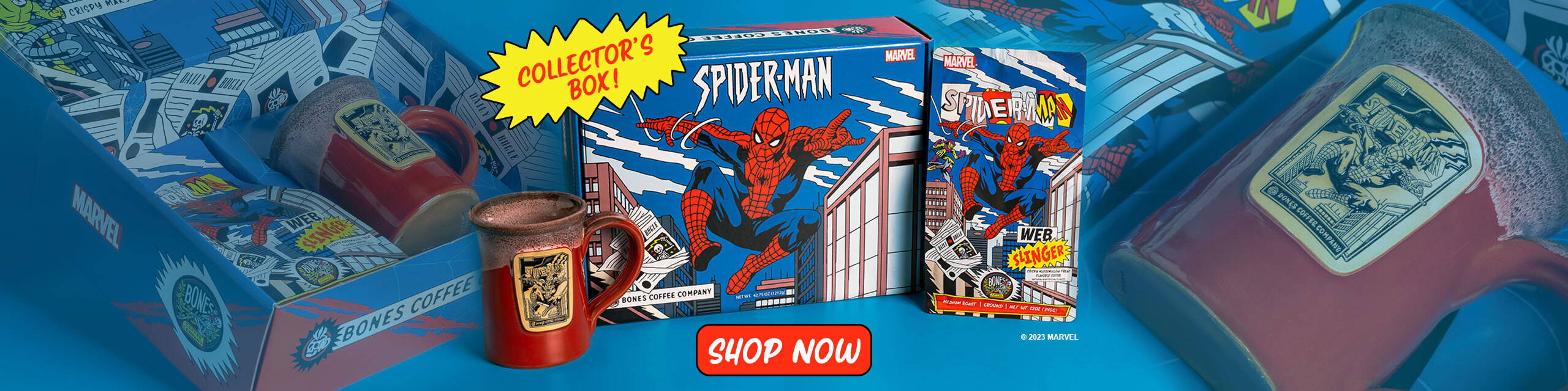 The collector's box for coffee inspired by Marvel Spiderman is in the center, a red mug with a white glaze and the art for Web Slinger is on the left, and a 12 ounce bag of coffee is on the right. The coffee is crispy marshmallow treat flavored and has art of Spiderman on it.