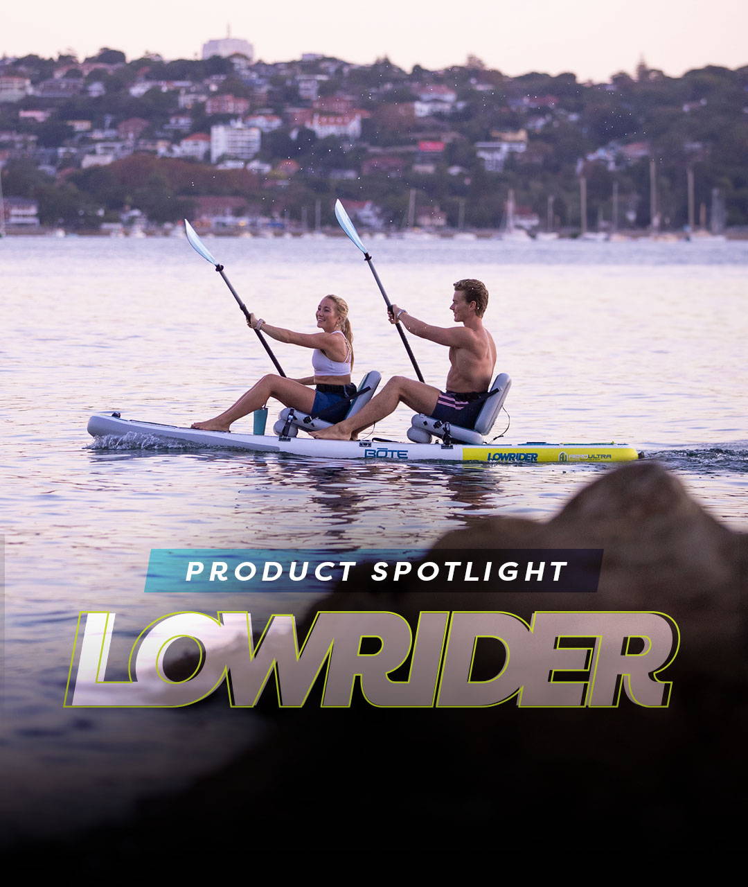 Two people on the BOTE Lowrider Aero Tandem Paddle Board