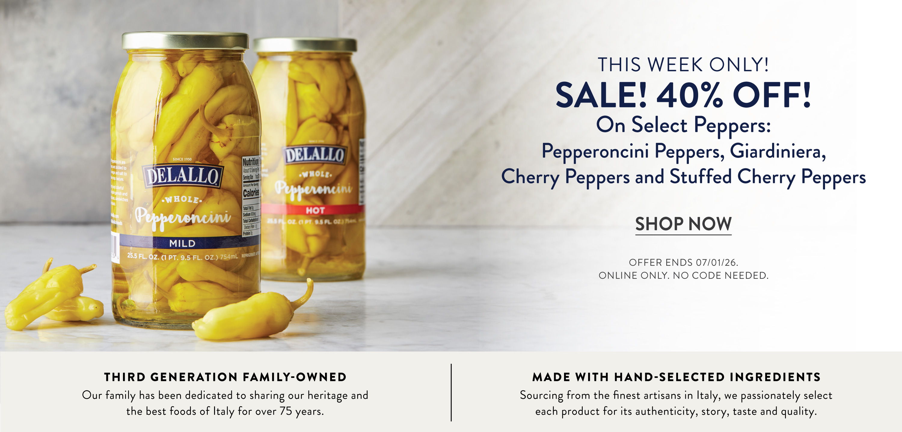 Two jars of peppers with a sale announcement.