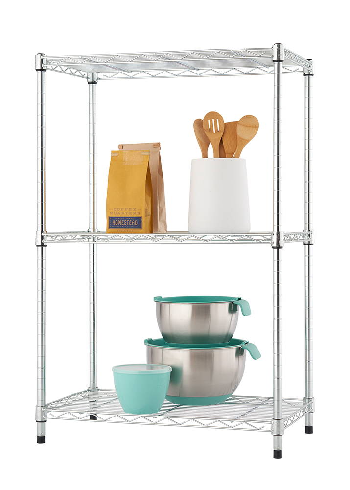 three tier shelving unit with kitchen items on shelves