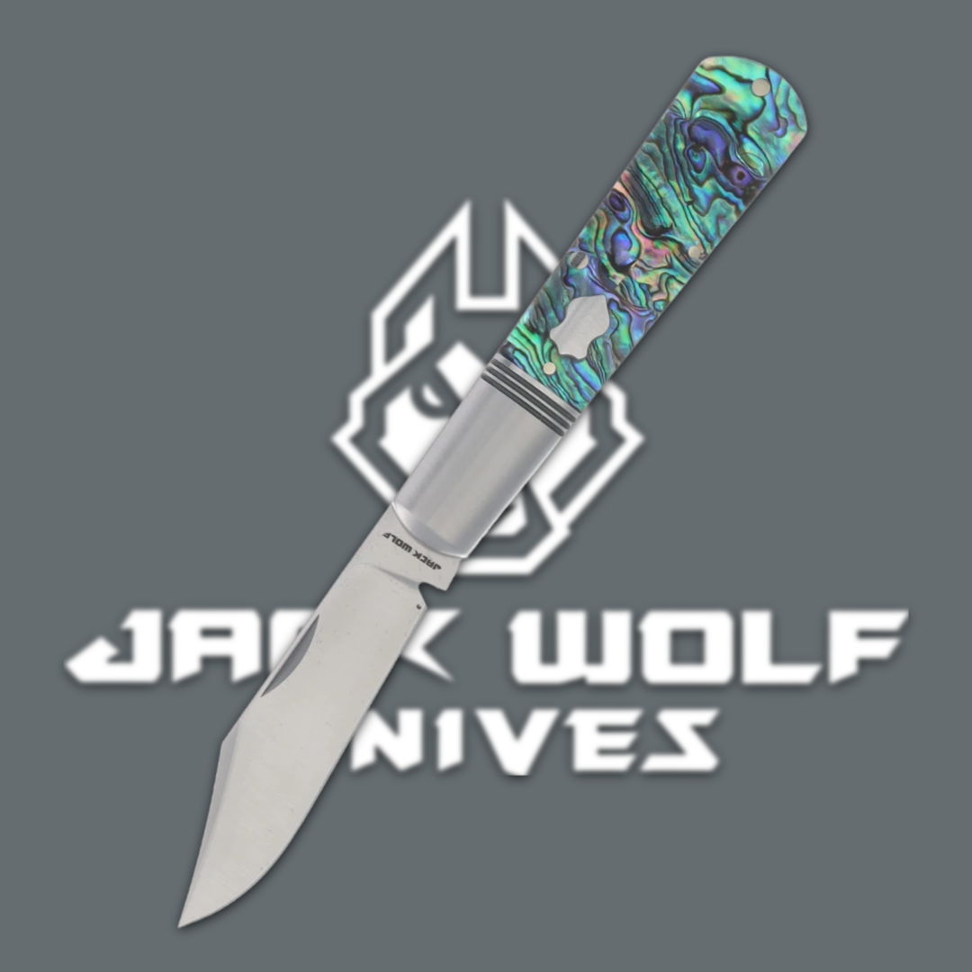 A folding knife with a colorful handle against a logo background.