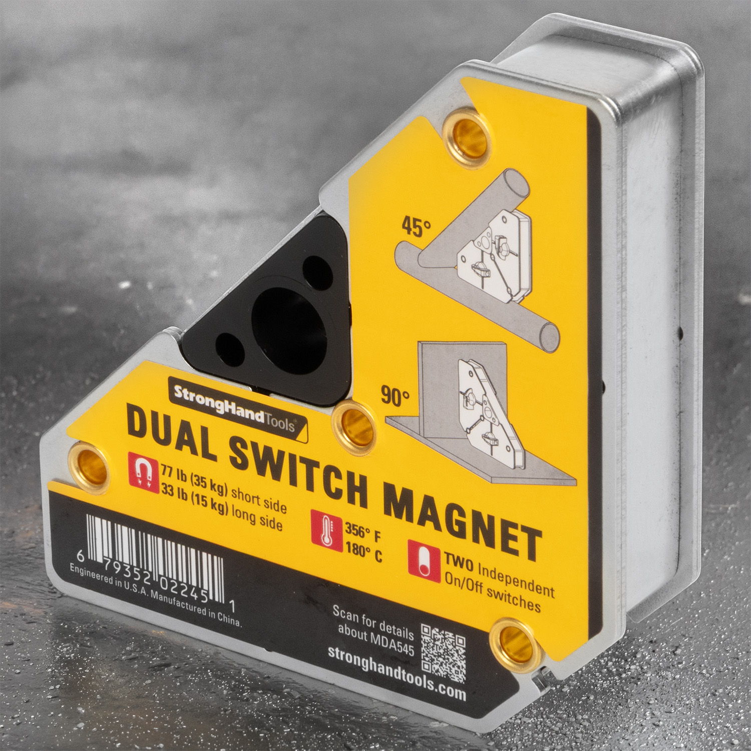 Dual switch magnet with angle guides and product information.