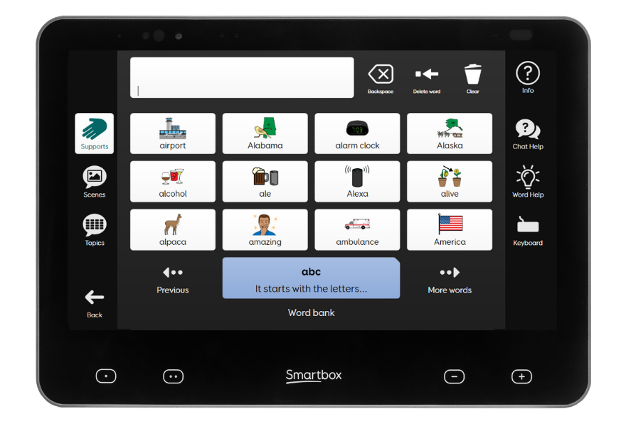 Grid Pad 13 communication device with picture dictionary available through Aphasia Duo software.