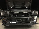 Front install view triple Shocker XL train horn trumpets dual LED light bars bumper removed grille Kristin's 2016 Subaru WRX gallery photo 2