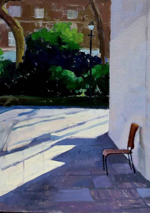 A painting of a chair on a pavement by Gary Power.