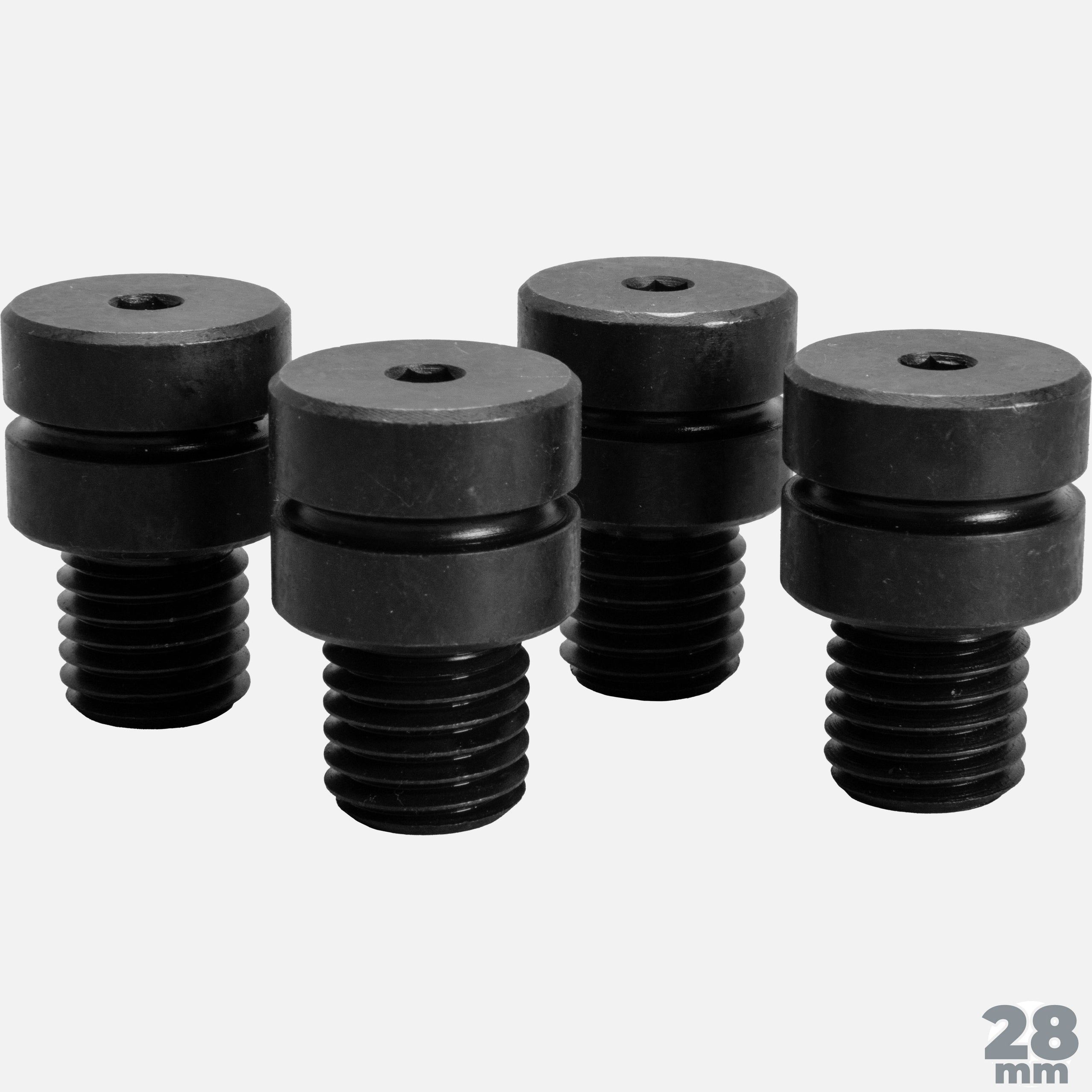 Four black cylindrical bolts with threaded shafts arranged together.