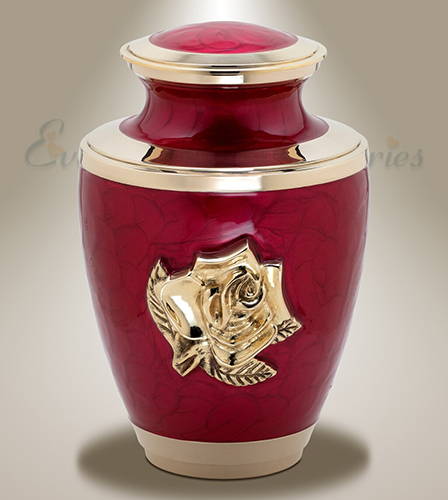 BRASS Adult Cremation Urn for Ashes Montana Rose Red with Silver Edging. 