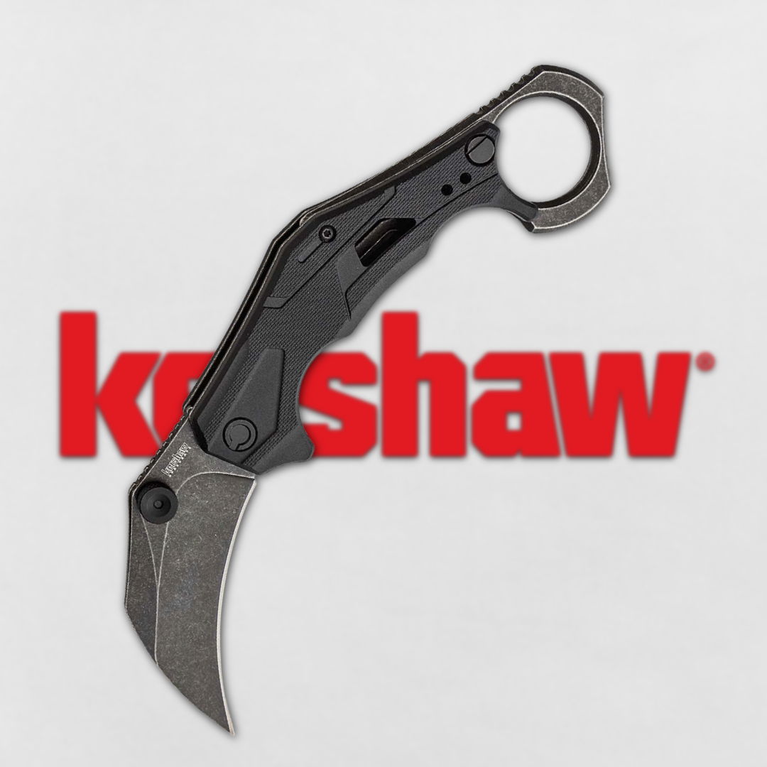 Black knife with a curved blade and Kershaw logo in the background.