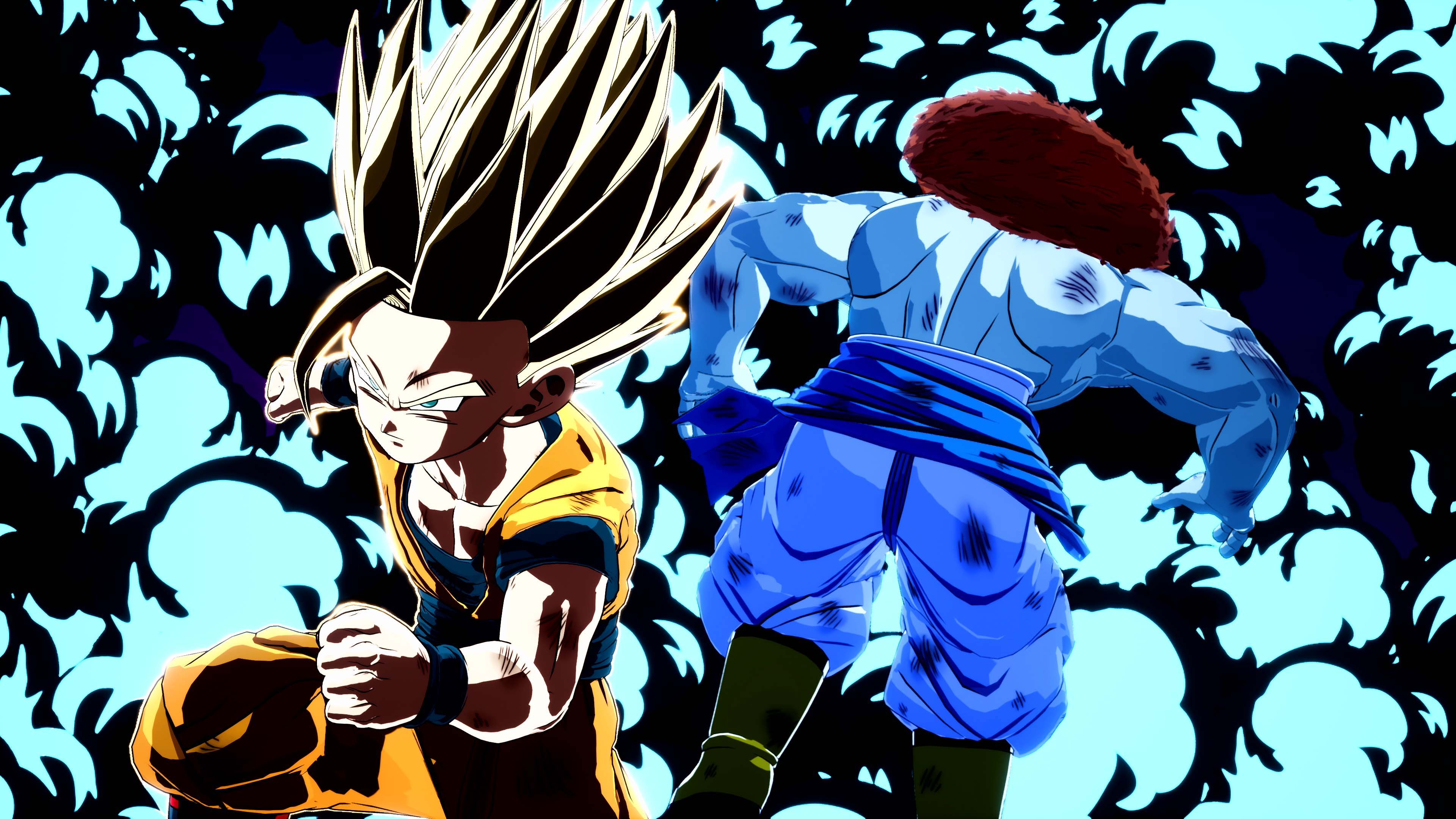 Two animated characters in dynamic poses with a colorful background.