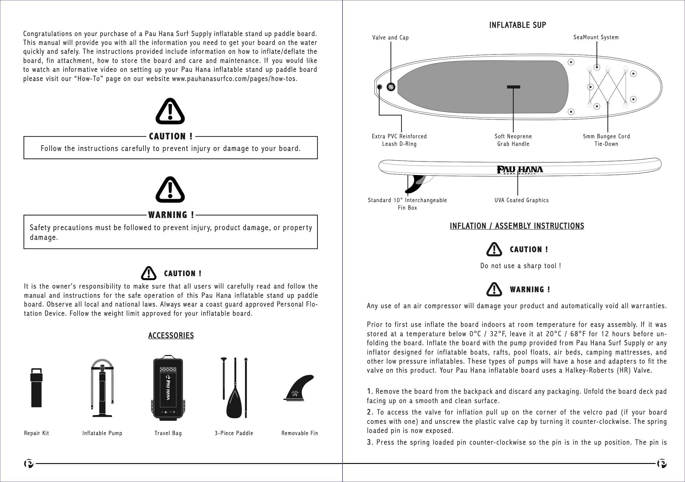 pau hana inflatable stand up paddle board user manual page 2-3