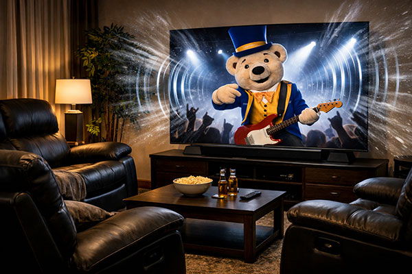 Living room with a TV displaying the share bear mascot performing music.