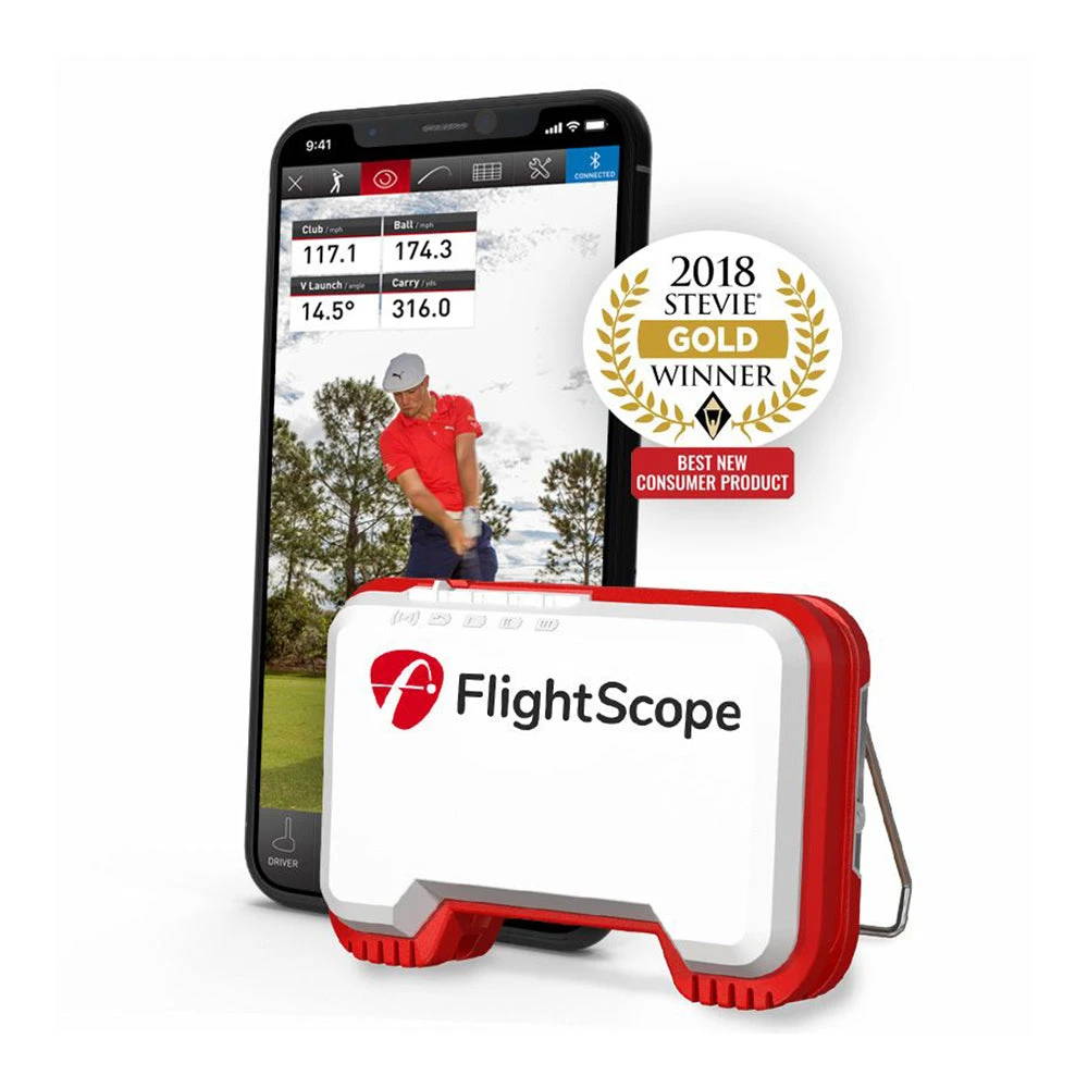 The FlightScope Mevo golf launch monitor with a smartphone showing swing video and data