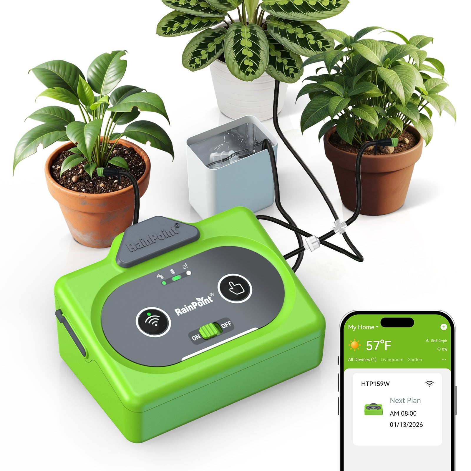 Green plant watering device next to potted plants and smartphone app.