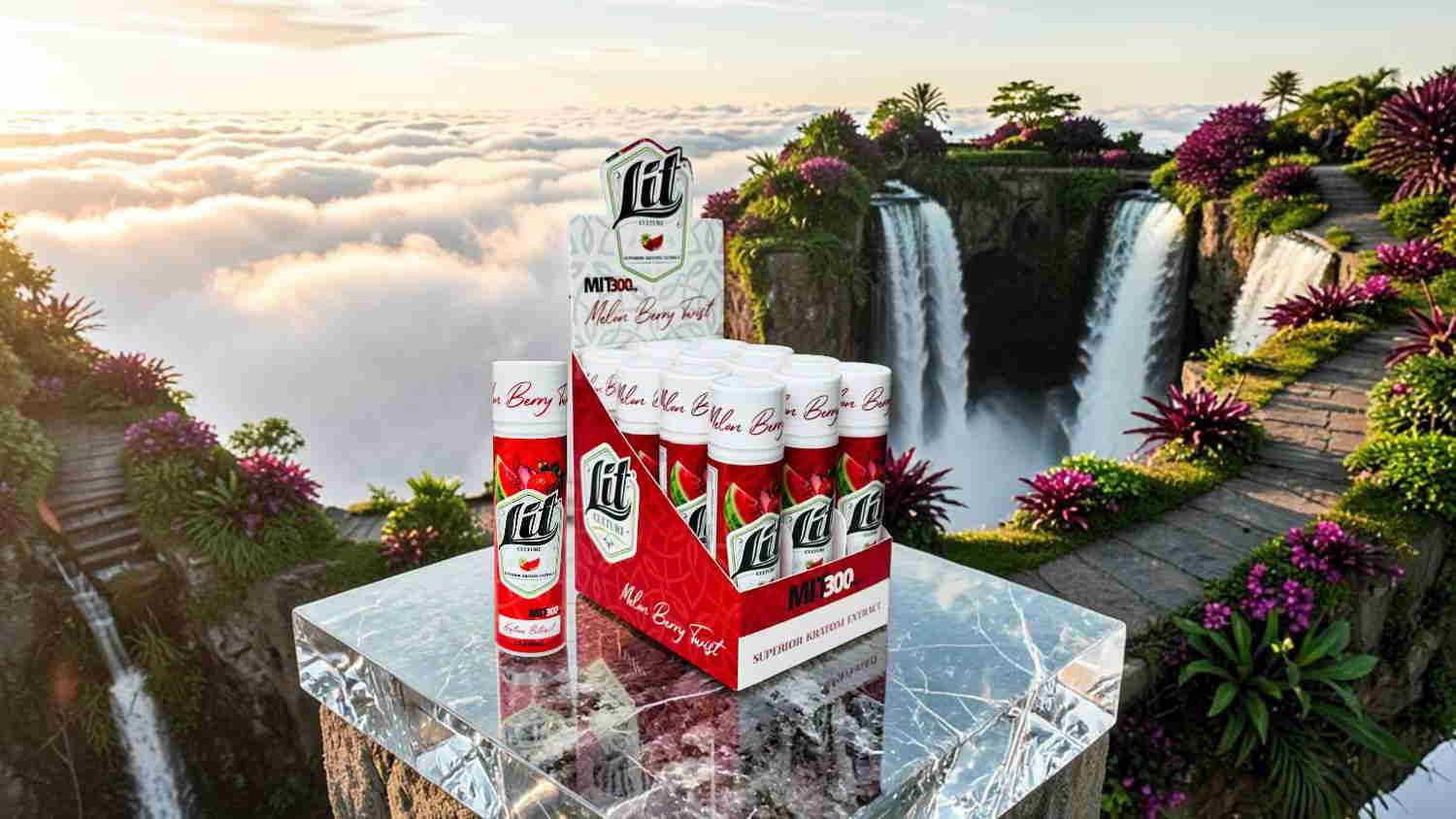 Cans of drink displayed on a reflective surface with waterfalls in the background.