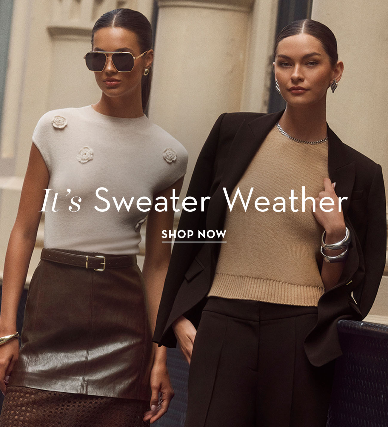 Two models showcasing fall fashion with the text 