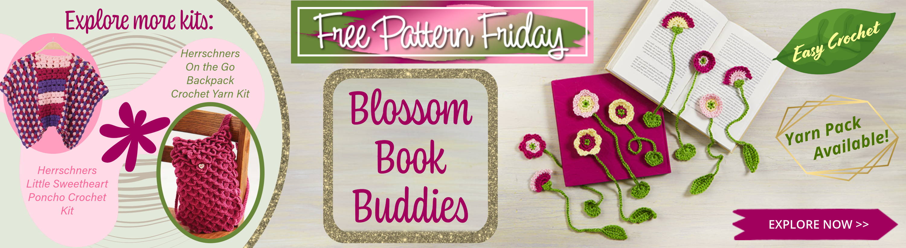 Free Pattern Friday! Blossom Book Buddies. (Easy Crochet.) Yarn Pack and other kits available.