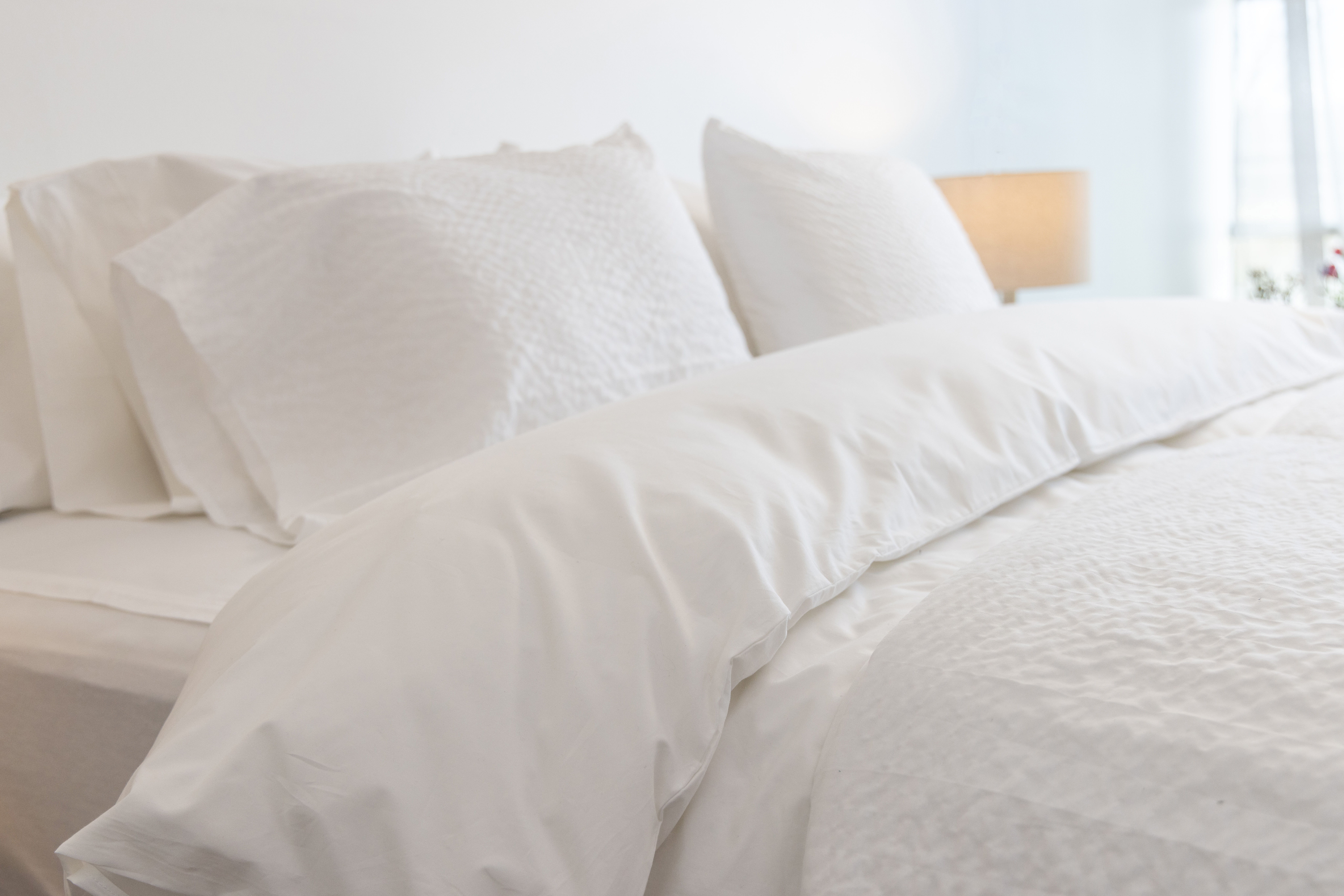 White, light and airy room scene with white beeding, comfort core cumulus and percale, lamp and windo in the background