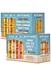 Boxes of Betty Booze vodka iced tea and lemonade variety packs.