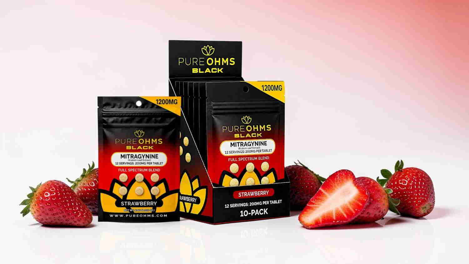 Two packages of gummies with strawberries on a gradient background.