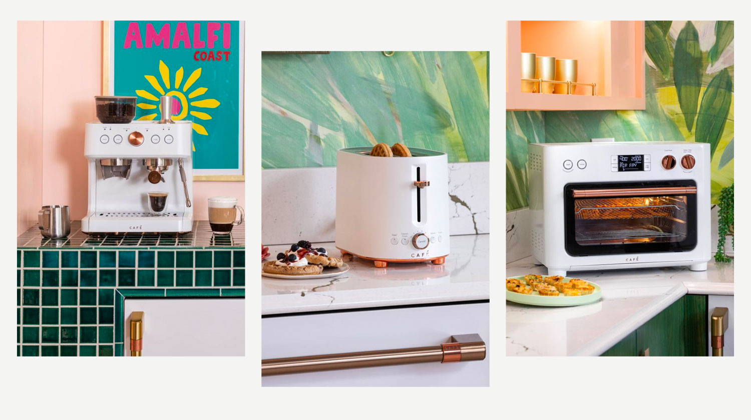 Closeups of Matte White Espresso Machine, Toaster, and Countertop Oven