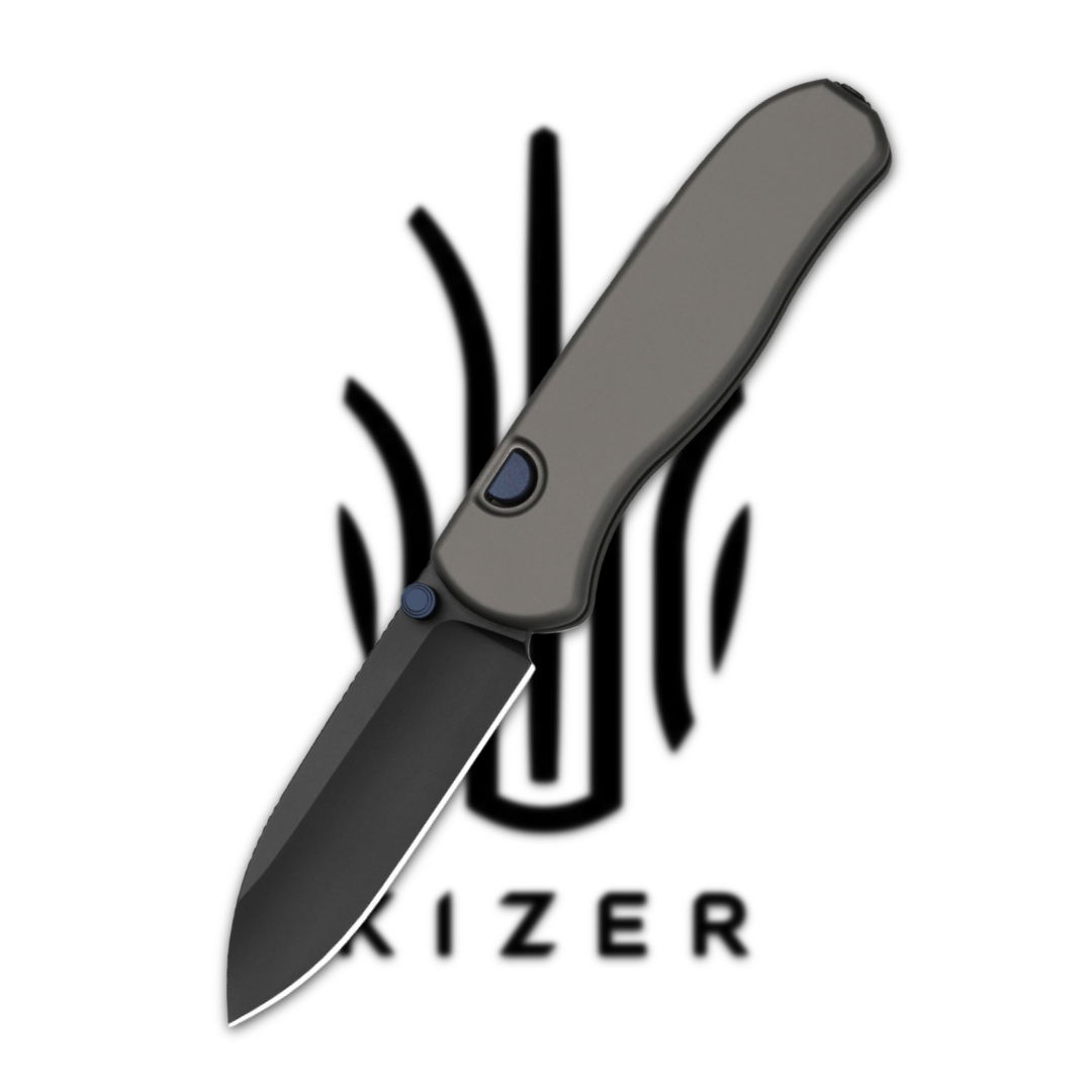 A knife with a gray handle against the Kizer logo.