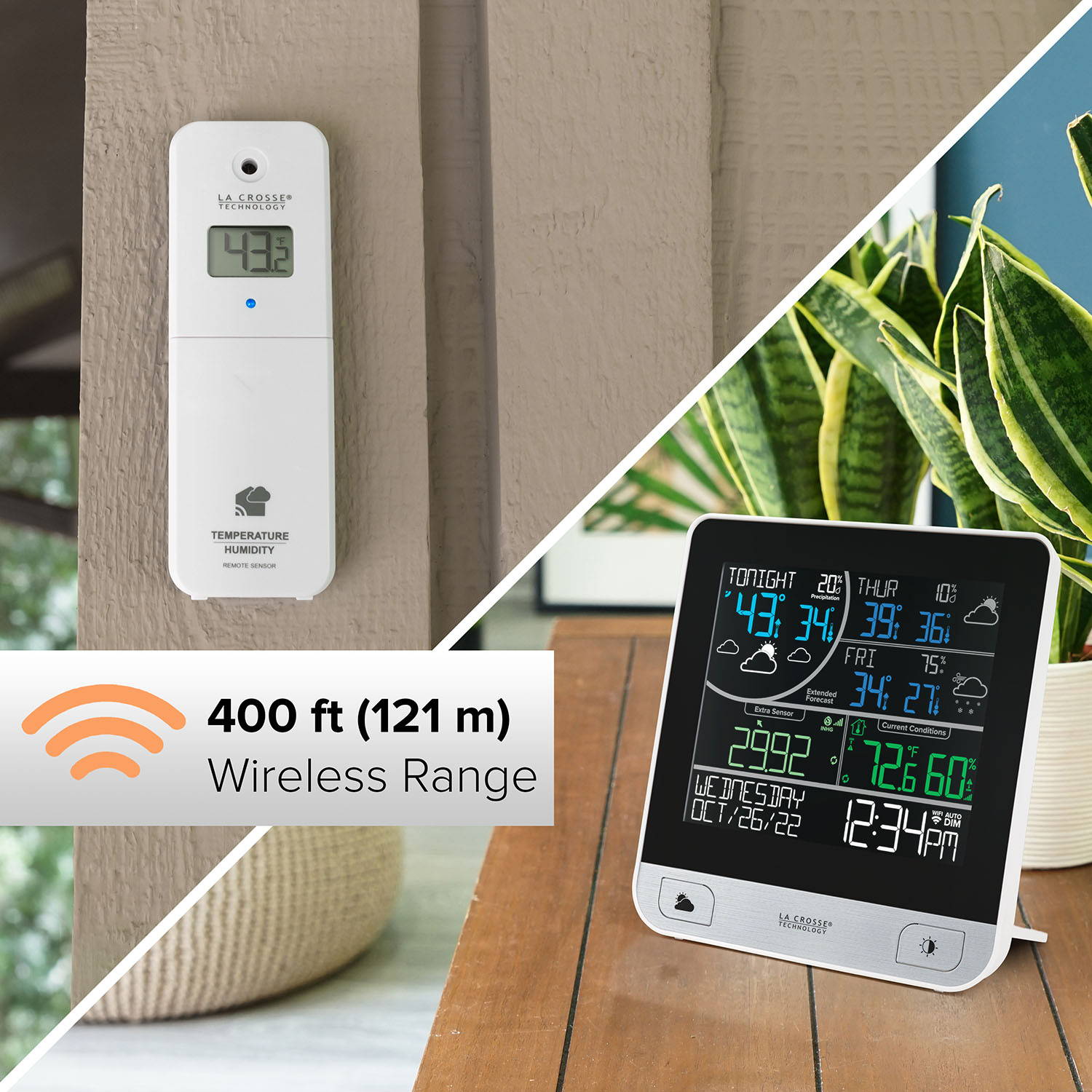The V15 Wi-Fi Multi-Day Forecast Station comes with a wireless outdoor temperature and humidity sensor that has a 400 foot (121 meter) range.