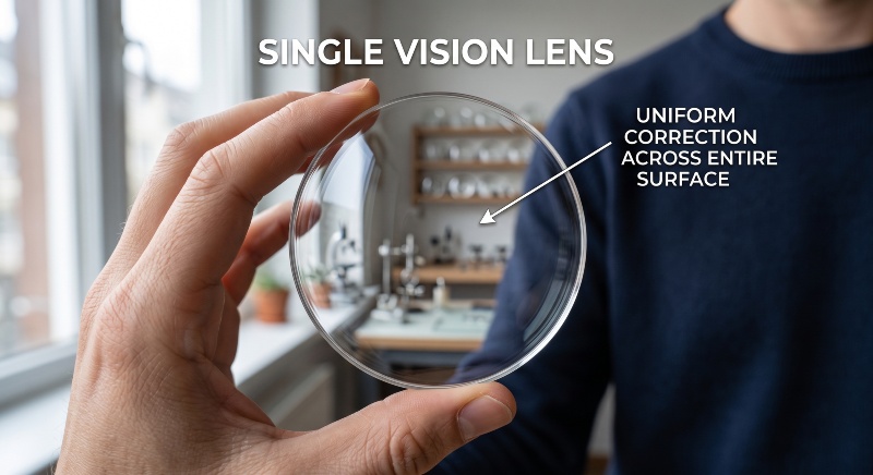 a hand holding a labeled single vision lens 